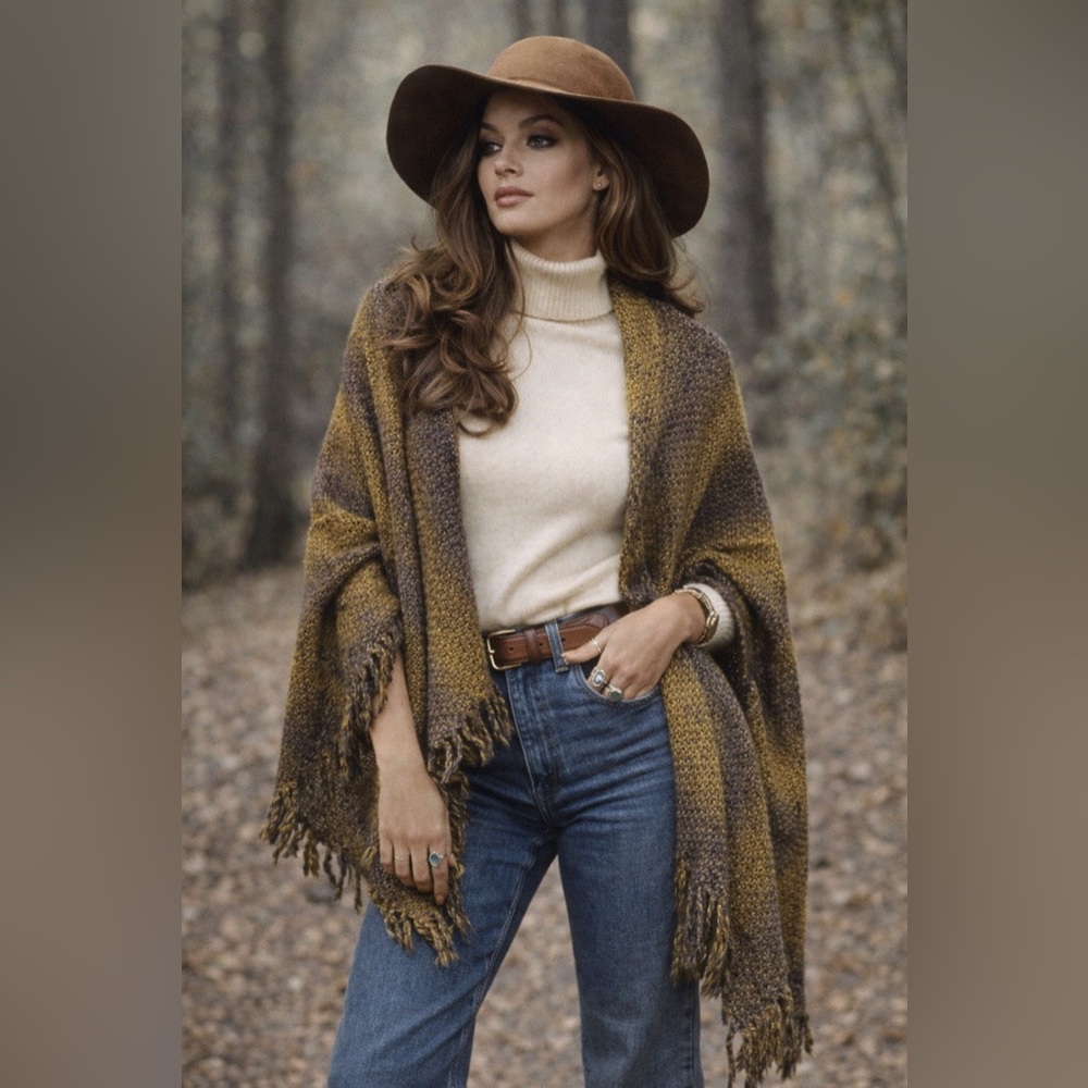 Vintage Knit Long Fringe Shawl Scarf | Boho Wrap